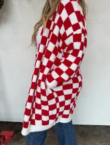Red and White Cloud Checkered Valentine's Day Holiday Cardigan
