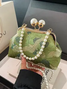New Chinese Style Embroidered Shell Bag, Luxury Pearl Clip Purse, Fashionable Bling Bag, Perfect for Shopping, Parties, Evening Events, Chain Crossbody Bags