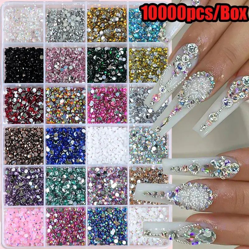 10000pcs/Box 3D Colorful Glitter Gems Round Resin Flatback Nail Charms AB Crystal Sparkly Rhinestones Kit Nail Art Decorations