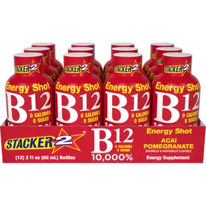 STACKER2 B12 Energy Shot Pack of 12 – Acai & Pomegranate 2oz – Daily Value 10,000% – No Calories – No Sugar – Energy Supplement Zero Sugar Energy Shots