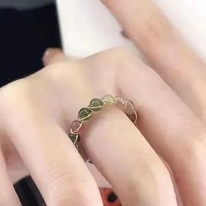 Faux Jade Open Ring - Handmade Adjustable Fitted, Beaded Gemmed Mosaic Bead, Colored Gemstone Sporty Fashion Costume Jewelry, Adjustable Fitted Rings, Beaded Gemmed Rings