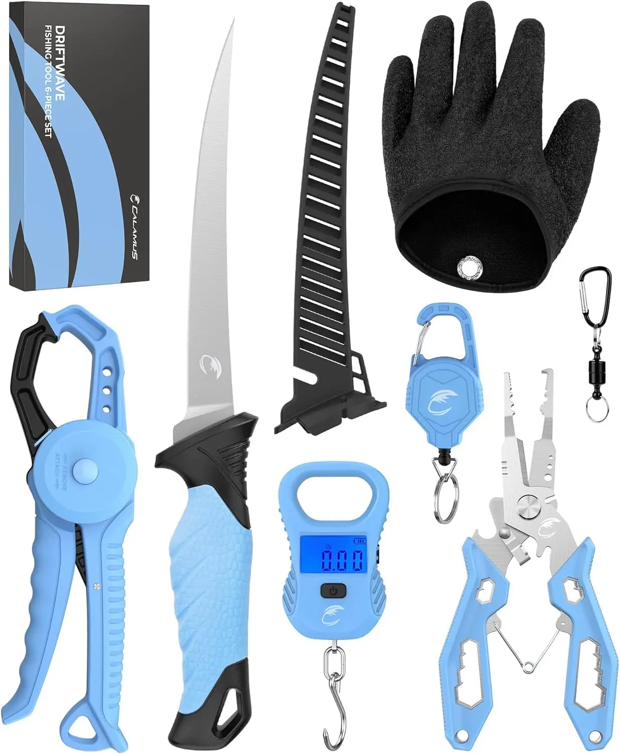Lightweight and DriftWave Fishing Tool Kit – Corrosion Resistant Fishing Pliers, Lip Gripper, Fillet Knife, Fishing Scale, Retractor & Glove,Scissors & Pocket Knife,Fishing Gifts for Men
