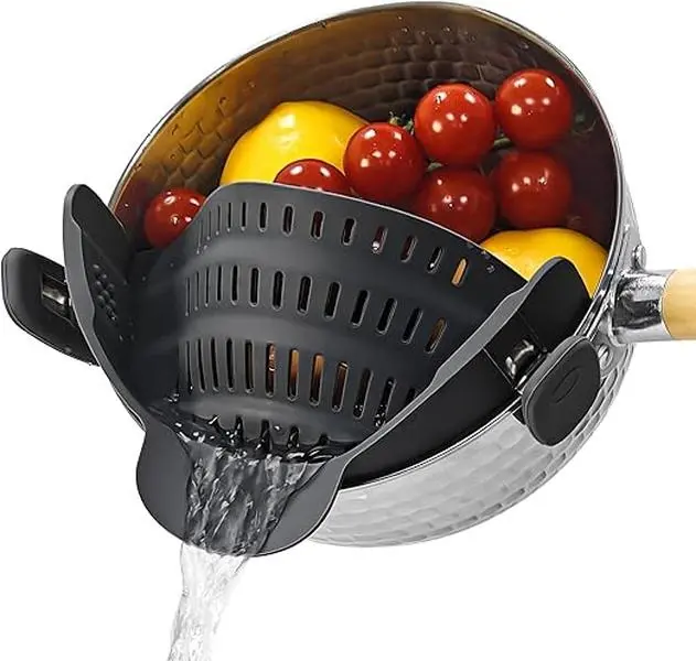 Clip On Silicone Strainer for Pots and Pans, Pasta Strainer, Food Strainer for Meat, Vegetables, Fruit, Gray, Fits all, Stain1