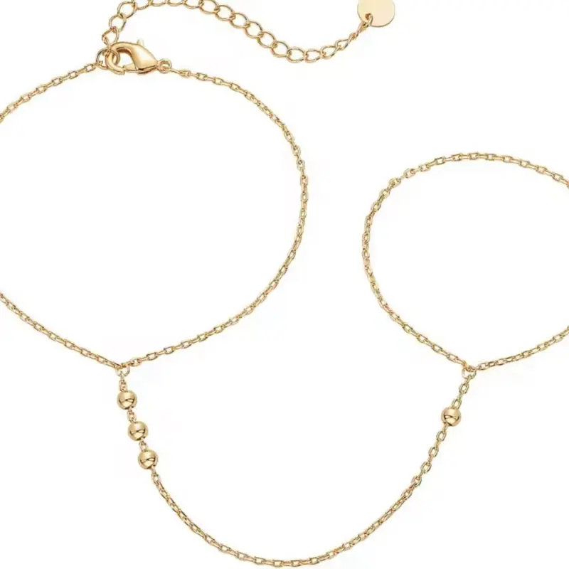 PAVOI 14K Gold Plated Hand Chain Bracelet for Women - Dainty Cubic Zirconia Bead Accent & 4.2" Ring Chain - Hypoallergenic & Lightweight Jewelry Set