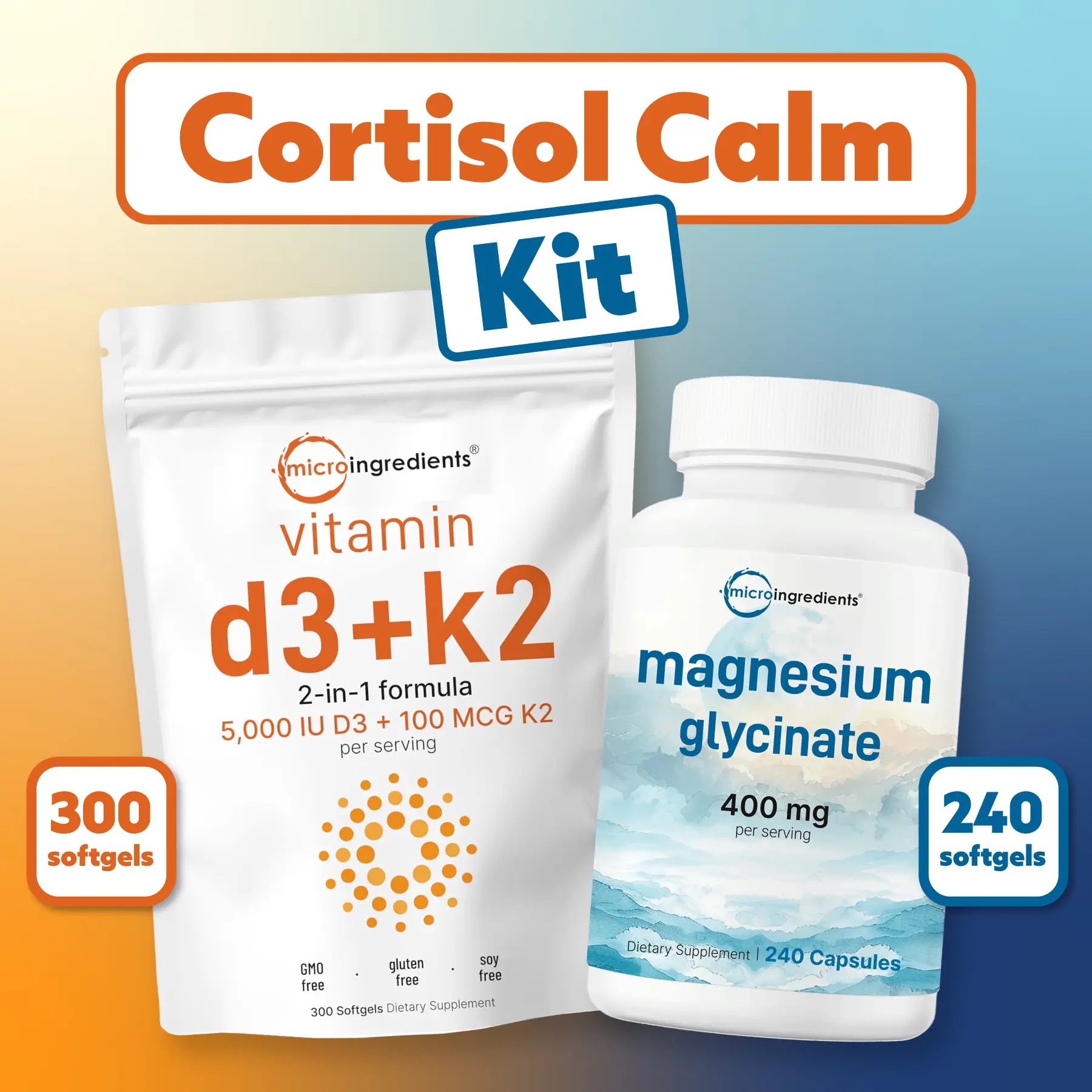 Micro Ingredients Cortisol Calm Kit: Vitamin D3K2 5,000IU 300 softgels & Magnesium Glycinate 400mg 240 capsules Micro Ingredients Cortisol Calm Kit: Vitamin D3K2 5,000IU 300 softgels & Magnesium Glycinate 400mg 240 capsules