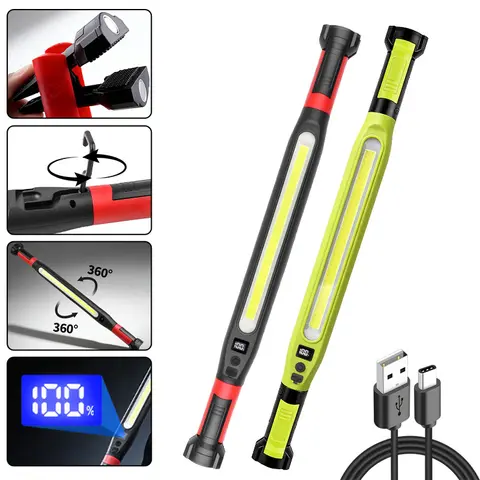 Vertical auto repair work light, rechargeable COB work light with magnetic base and hook, LED inspection light, body can rotate 360°, suitable for car maintenance, garages, camping, power outages, and emergencies, makes a great gift for men and dads