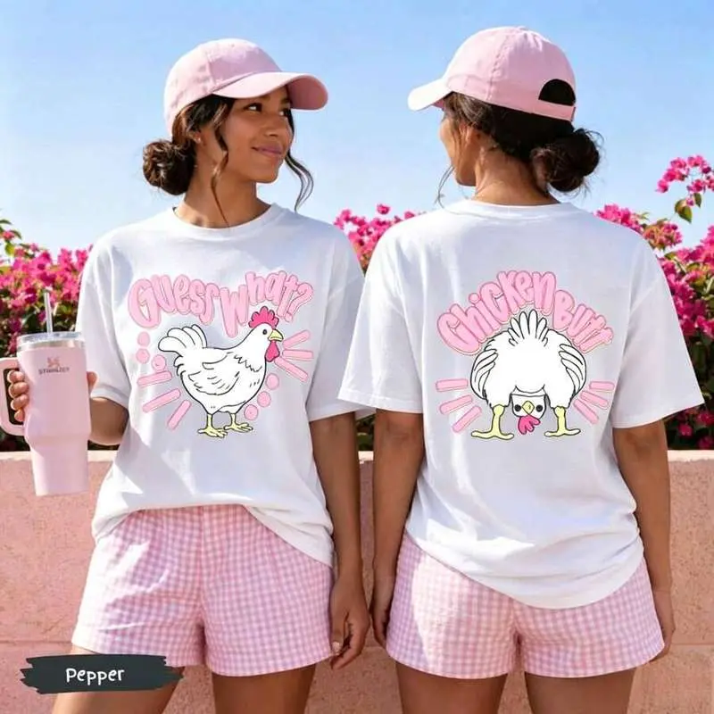 Fun "Gu E Ss What Chicken Butt" Patterned T-Shirt, Double-Sided Print On The Front And Back, Cute Farm Animal Humorous Casual Short-Sleeve Top
