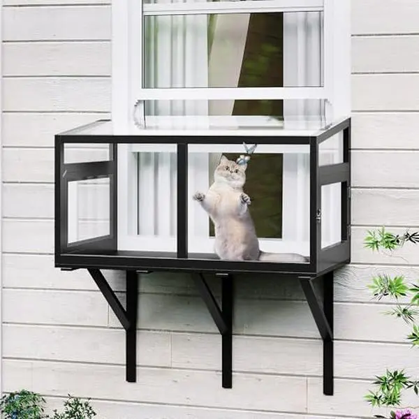 GAOMON Cat Window Box with Clear Panels, Universal Indoor/Outdoor Catio for Windows 24"-38", Weatherproof Wood Cat Window Perch for Sunbathing, Birdwatching & Napping Black