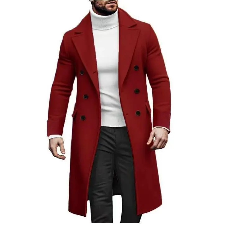 Men's Woolen Long Coat Double-Breasted Jacket Trench Casual Style Outerwear Menswear classic design everyday essential versatile comfort wear wardrobe staple piece relaxed fit breathable fabric timeless fashion daily