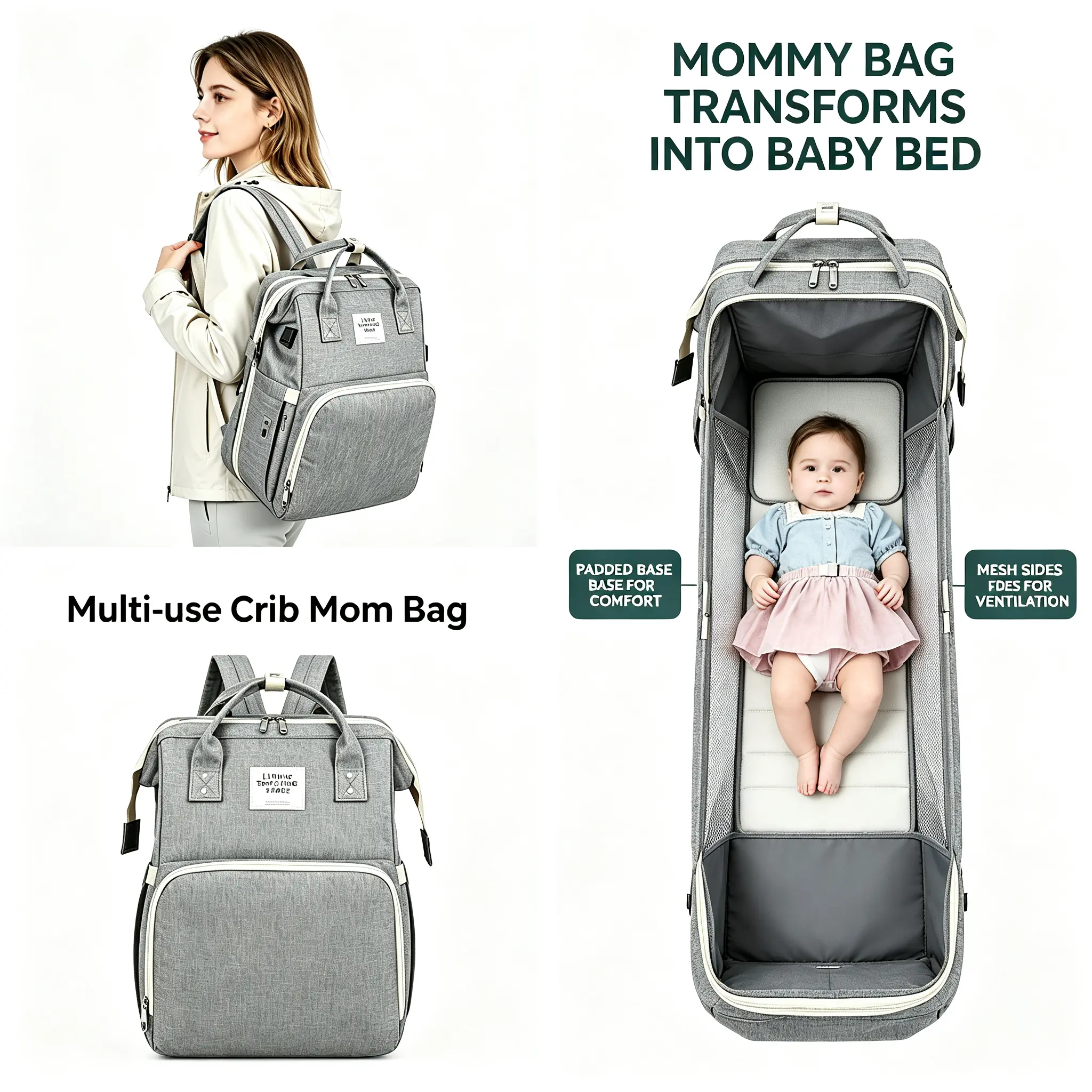 Multifunctional Large-Capacity Portable Backpack for New Moms, Unzips into Baby Bed, with Phone Charging & Thermal Insulation, Hands-Free Casual Stylish Gym Bag for Travel Camping