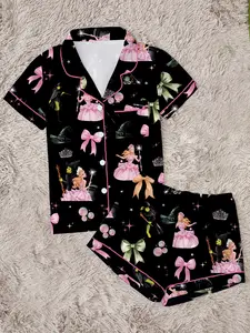 Women's Elphaba Glinda Princess Bow Printed Lapel Short Sleeve Shorts Pajama Set, Comfortable Fitted Casual All-Season Sleepwear