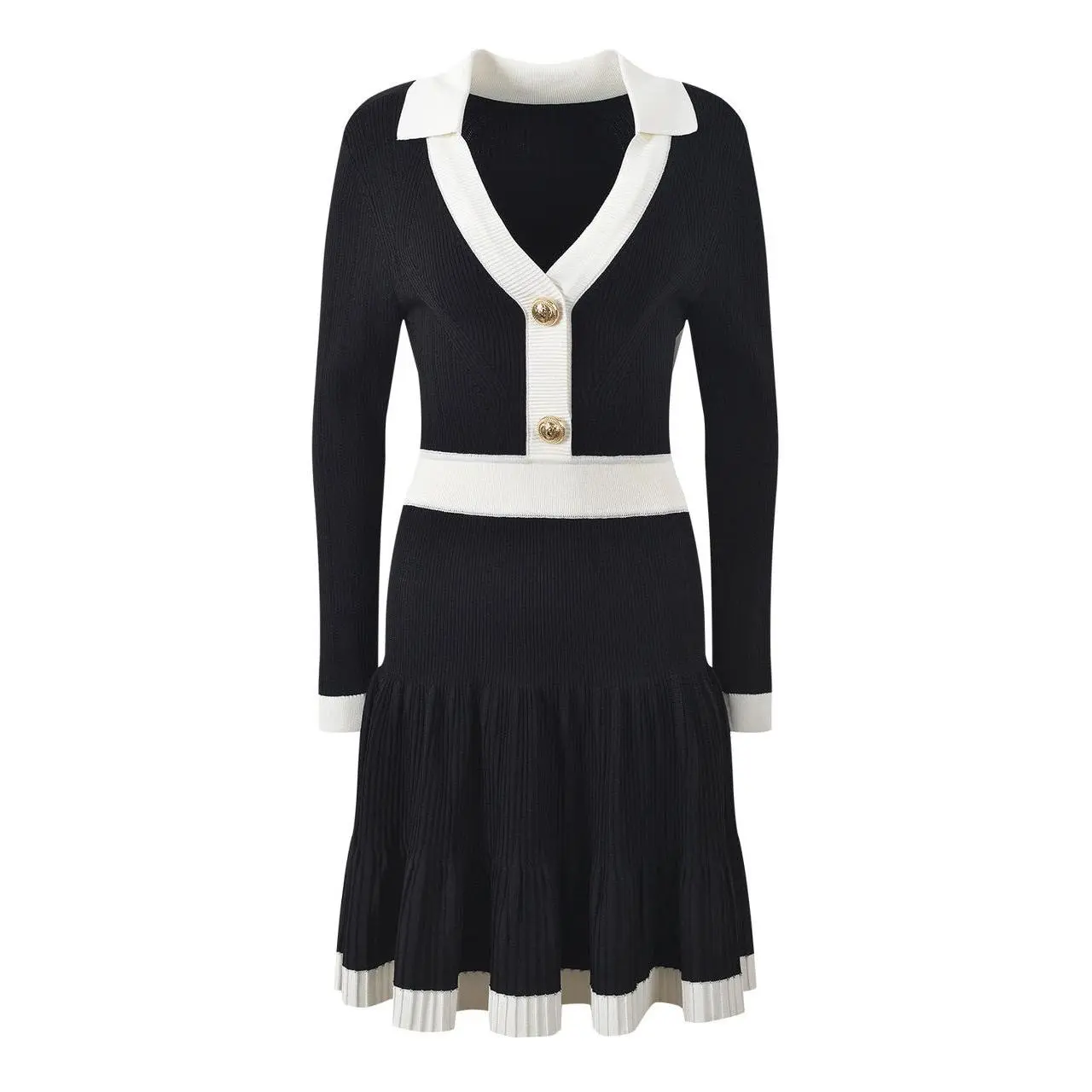 Jessica Bara Esmerah Gold Button Knit Long Sleeve Midi Dress