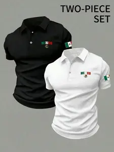 Men's 2-Piece Mexico Graphic Polo Shirt Set | Short Sleeve Contrast Collar Tops | Casual Breathable Sportswear in Black & White | Patriotic Mexican Flag Print for Summer & Daily Wear