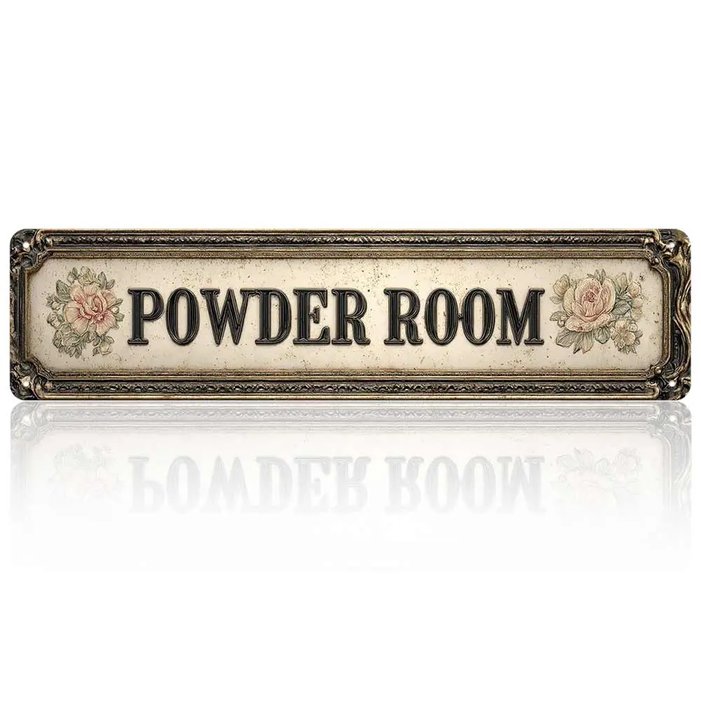 16x4 Inches Aluminum Metal Sign "POWDER ROOM" Vintage Floral Ornate Wall Decor for Bathroom Restroom Home Living Room Guest Room Farmhouse Elegant Antique Style Weatherproof Durable Decorative Plaque Wall Art Gift