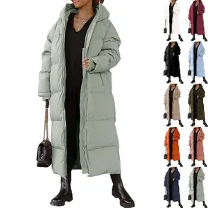 Women’s long quilted hooded puffer coat, maxi length with long sleeves, padded winter outerwear