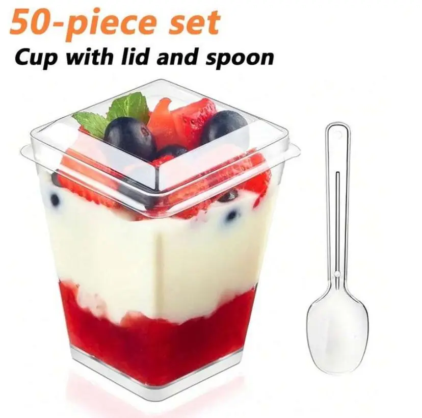 Bakery Packaging Cups,50 Pack 5 Oz 150ml Clear Containers,Cake Shooters,Parfait Appetizer Bowls,With Lids And Spoons,Leakproof For Dot Cake,Cafe Takeout,Holiday Wedding Birthday Buffet,Home Baking Storage