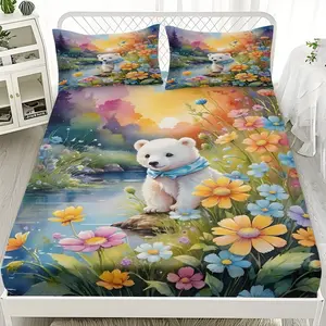 2/3pcs Polar Bear And Flower Bed Background Series Fitted Sheet Set, Suitable For Bedrooms, Hotels, Dormitories And Other Places, Machine Washable (1 Fitted Sheet + 1/2 Pillowcase, No Core)