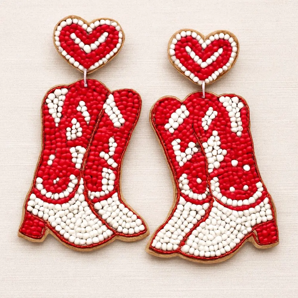 Yeehaw Love Beaded Earrings - Handcrafted Cowboy Boot Design with Heart Studs - Lightweight Comfortable for Country Lovers & Valentine's Vibes