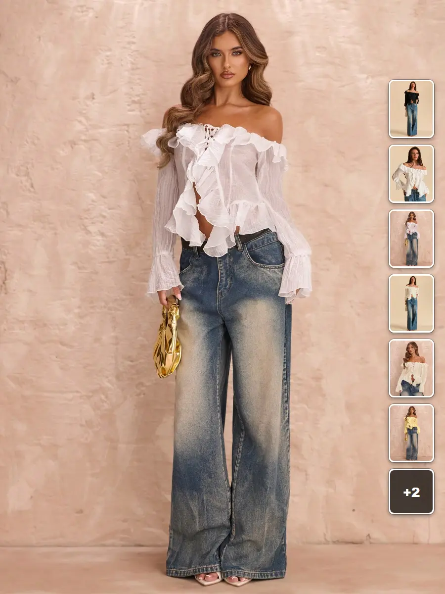 Princess Style Ruffled Off Shoulder Top Asymmetrical Tie Hem Summer Outfit