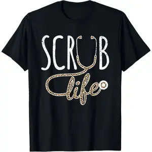 Cotton Women's Scrub Life Leopard Stethoscope Print T-Shirt Nurse Medical Casual Short Sleeve Top