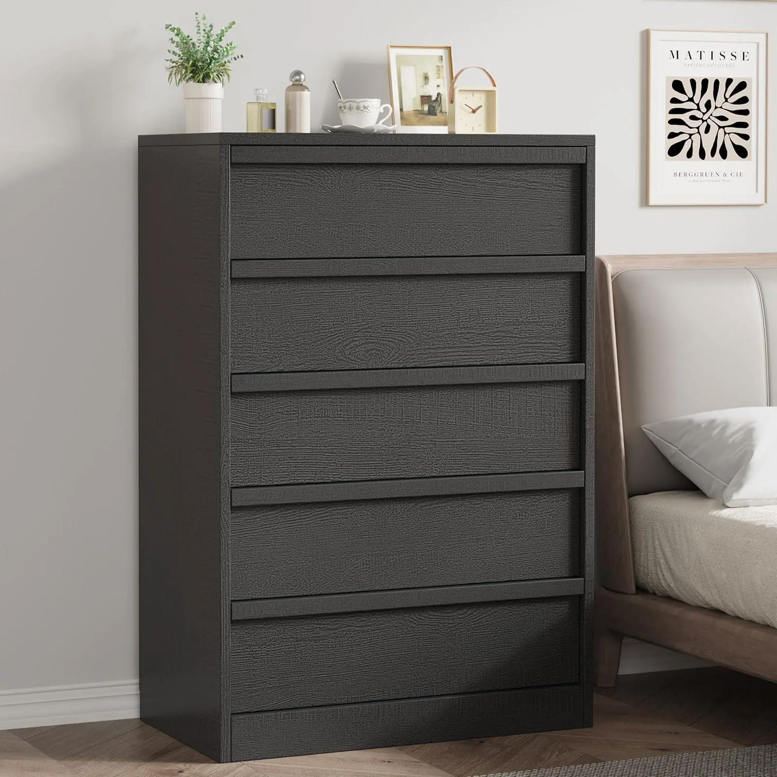 Black Modern 5-Drawer Bedroom Dresser, 43.3" Tall Freestanding Horizontal Wooden Chest, Storage Solution for Living Room, Hallway