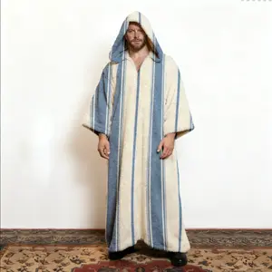 Men's Striped Print Hooded Kaftan Robe, Long Sleeve Cotton Blend Lounge Wear, Soft Breathable Hooded Bathrobe for Home & Travel Relaxation, Lightweight Loungewear, Gift for Him SpringStatements