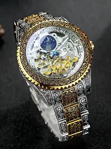 1pc Luxury Vintage Tourbillon Automatic Analog Mechanical Watch for Men Golden Engraved Case Moon Phase Fashion Business Mens Watches Top Brand Fashionable Casual Wristwatches