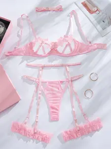 Women's Sexy Lingerie Set with Steel Ring, Thong, Neck Ring, Garter Belt, Stocking Tie, Lace Quality, Comfortable Female Underwear Straps