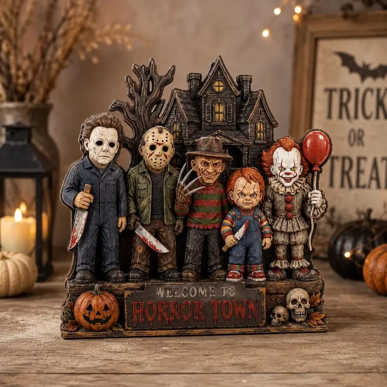 Horror Movie Character Statue, Welcome To Horror Town Decor, Classic Slasher Villains Figurine, Halloween Spooky Tabletop Decor, Horror Gift