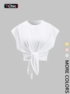 Women's Solid Color Pleated Front Tie Casual Minimalist Basic Everyday Daily Versatile Summer Batwing Sleeve T-Shirt Top, Comfortable and Stylish