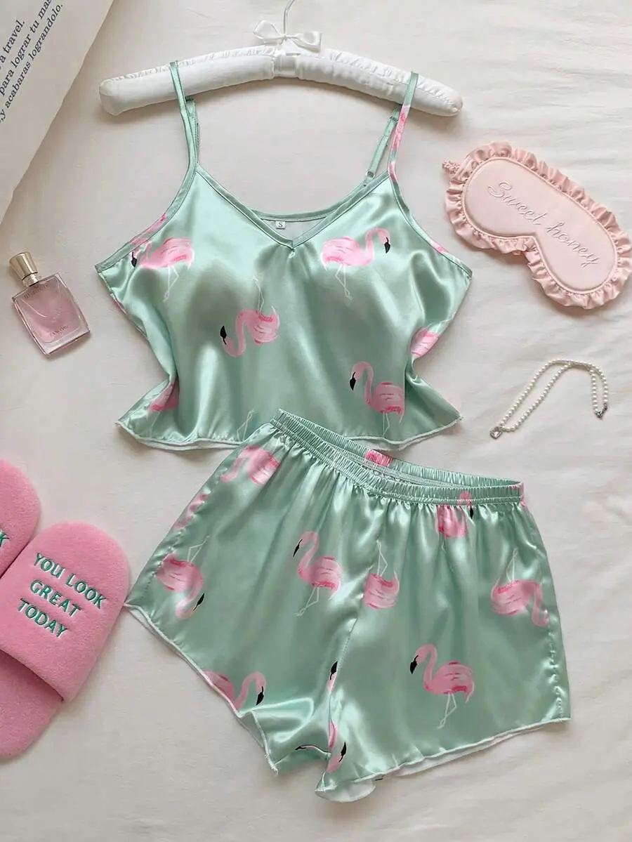 Comfortcana Flamingo Print Satin Cami Top & Shorts PJ Set / Pajama Set, Aesthetic