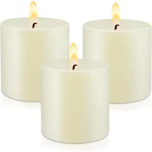 3" x 3" Hand-Poured Unscented Ivory Candle, Dripless Pillar Candle Set of 3, Long Clean Burning, Approx 40 Hours Burn Time, Rustic Country Style, Christmas, Wedding, Dinner and Home Dec