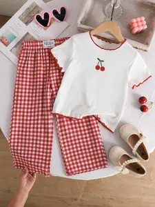 Girls' Casual Cherry Print Round Neck Short Sleeve T-Shirt & Plaid Long Pants Set, Cute Clothing Set, Summer Sweat-Wicking Quick-Dry