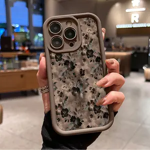 Brown Vintage Flower Pattern TPU Phone Case for iPhone 16 15 14 Pro Max 13 12 11 XR XS Plus Shockproof Full Camera Protection Durable slim Silicone Cover Cellphone Protective