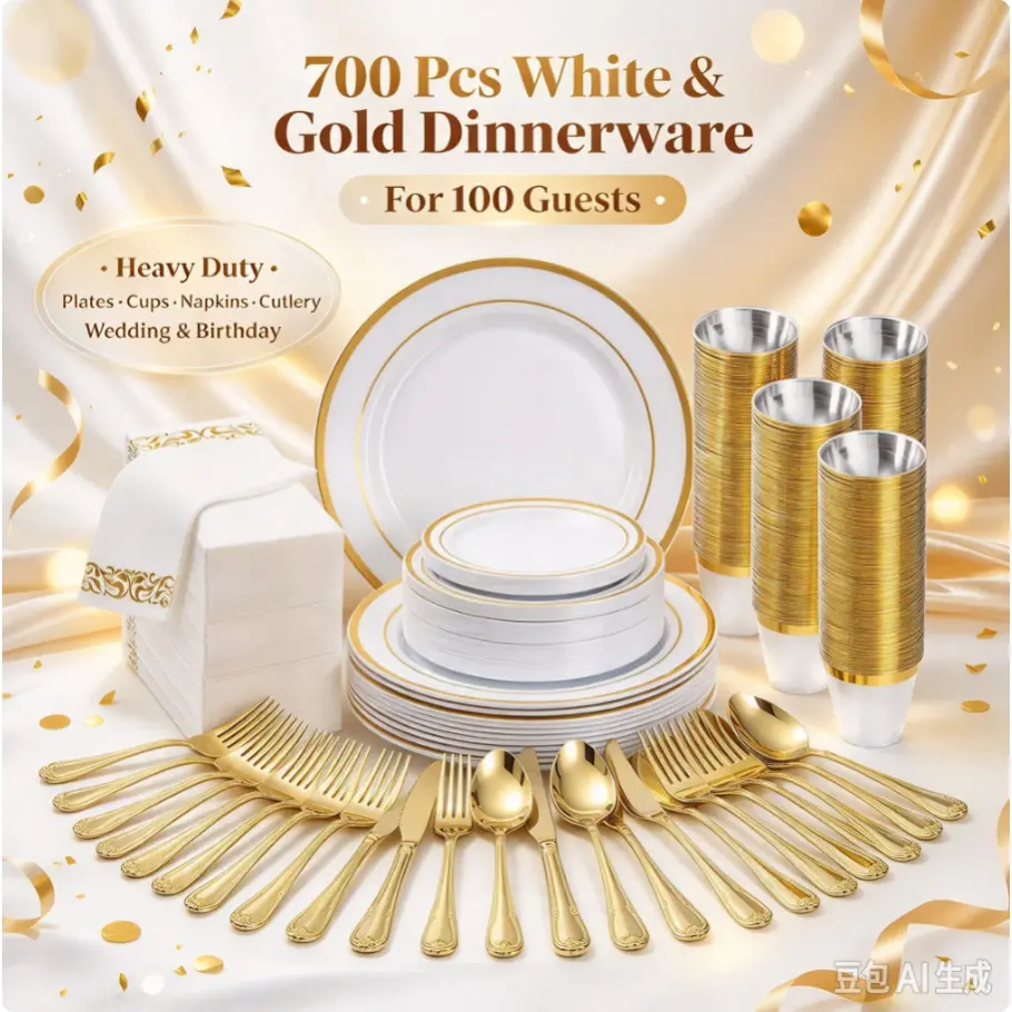 700-Piece White & Gold Disposable Plastic Dinnerware Set for 100 Guests – Heavy-Duty Plates, Cups, Napkins & Cutlery for Wedding, Birthday, Anniversary, Bridal Shower & Glam Events
