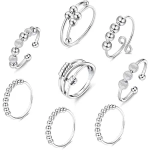 FINREZIO 8 Pcs Silvery Open Adjustable Rings for Women Men Spinner Rings for Bead Fidget Rings Stackable Rings Fidget Jewelry Set for Daily