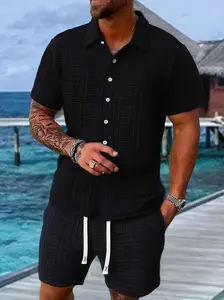 2026 Summer Holiday Hawaiian Casual Shirt Set, Simple Geometric Design, Soft Skin-Friendly Breathable Material, Collared Blouse, Drawstring Shorts, Tropical Style