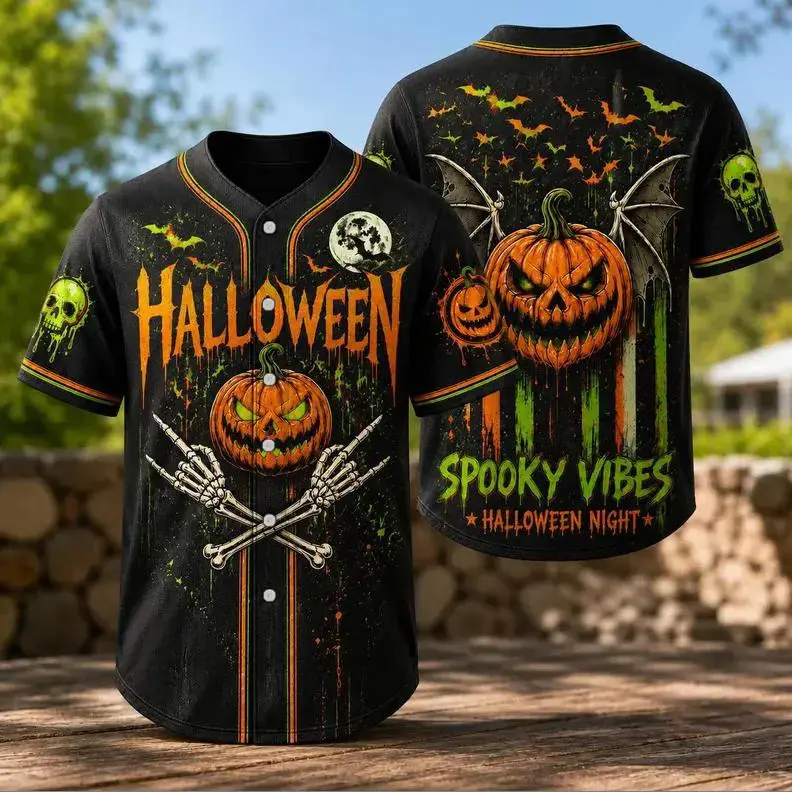 Spooky Vibes Baseball Jersey with Pumpkin Art for Fun Fall Nights Made in USA
