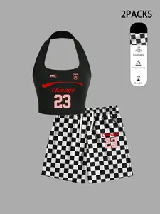 Women's Y2K 2-Pack Set, Chicago 23 Graphic Halter Crop Top & Checkerboard Shorts, Breathable Moisture-Wicking, Sporty Streetwear