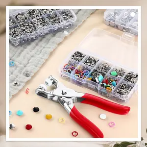 Buttons & Pliers Tool Kit with 400pcs Invisible Colored Metal Buckles & Automatic Eyelet Puncher for DIY Sewing Clothing & Hat Projects