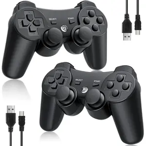 Controller 2 Pack For PS3 Wireless Controller For PS3, Double Shock 3, Bluetooth, Rechargeable, Motion Sensor, Remote For PS3 (No Stripes(Black + Black))