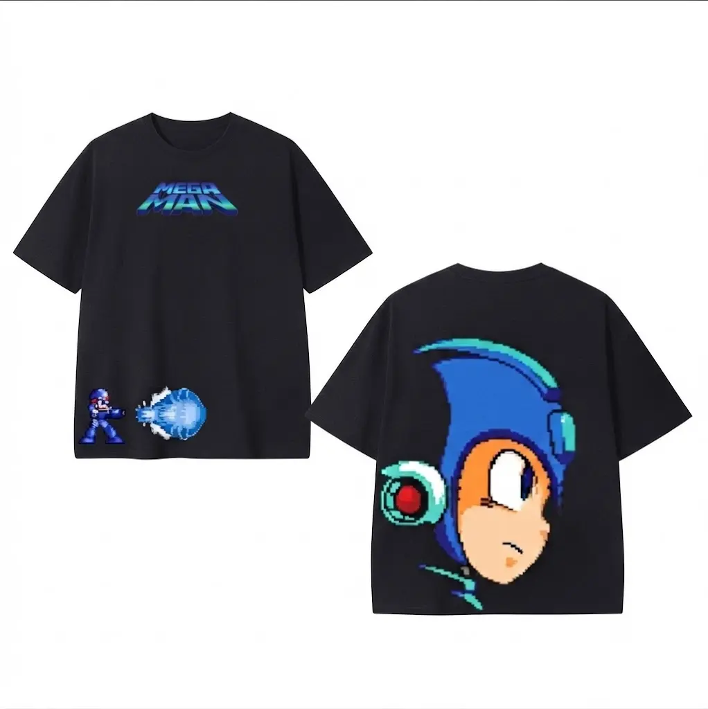 Mega Man Pixel Art Graphic Tee - Retro Gaming Oversized T-Shirt - Unisex Streetwear