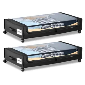 VEVOR Under Bed Storage with Wheels, 30.3 x 18.5 x 6.8 inch, Underbed Containers with Clear Lid, Underbed Shoe Organizer, Rolling Under the Bed Storage Bins for Clothes Shoes Blankets Bedroom, 2 Pack