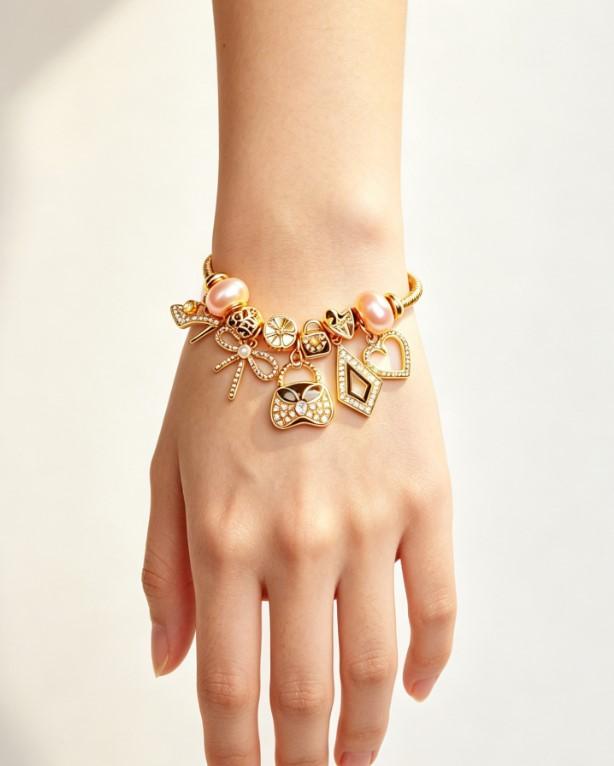 Gold Snake Chain Charm Bracelet for Women, Dainty Pink Pearl Beads Bracelet with High Heel, Bow, Handbag, Heart Diamond Crystal Charms, Adjustable Extension Link Jewelry Gift for Girls