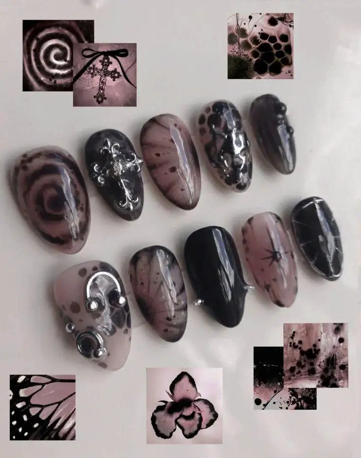 Gothic Grunge Press On Nails Handmade Black Pink Jelly Cross Butterfly 3D Chrome Gel Nail Set with Nail Kit | Free Adhesive Tabs Nail File & Cuticle Stick