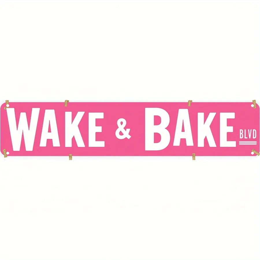 Vintage Wake & Bake Blvd Metal Sign - 16x4 Inch Pink & White Retro Wall Decor| Playful & Durable Art for Girls' Hangout, Home Dorm & Chic Lounge - Unique Ladies' Space Accessory