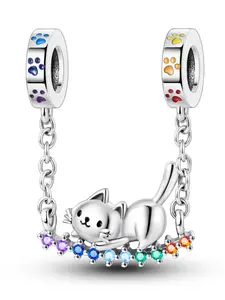 Cute Cat Safety Chain Pendant Beads, Colorful Zircon Claw Print Design, Casual Style Decorative Beads for All Seasons, Animal Pendant