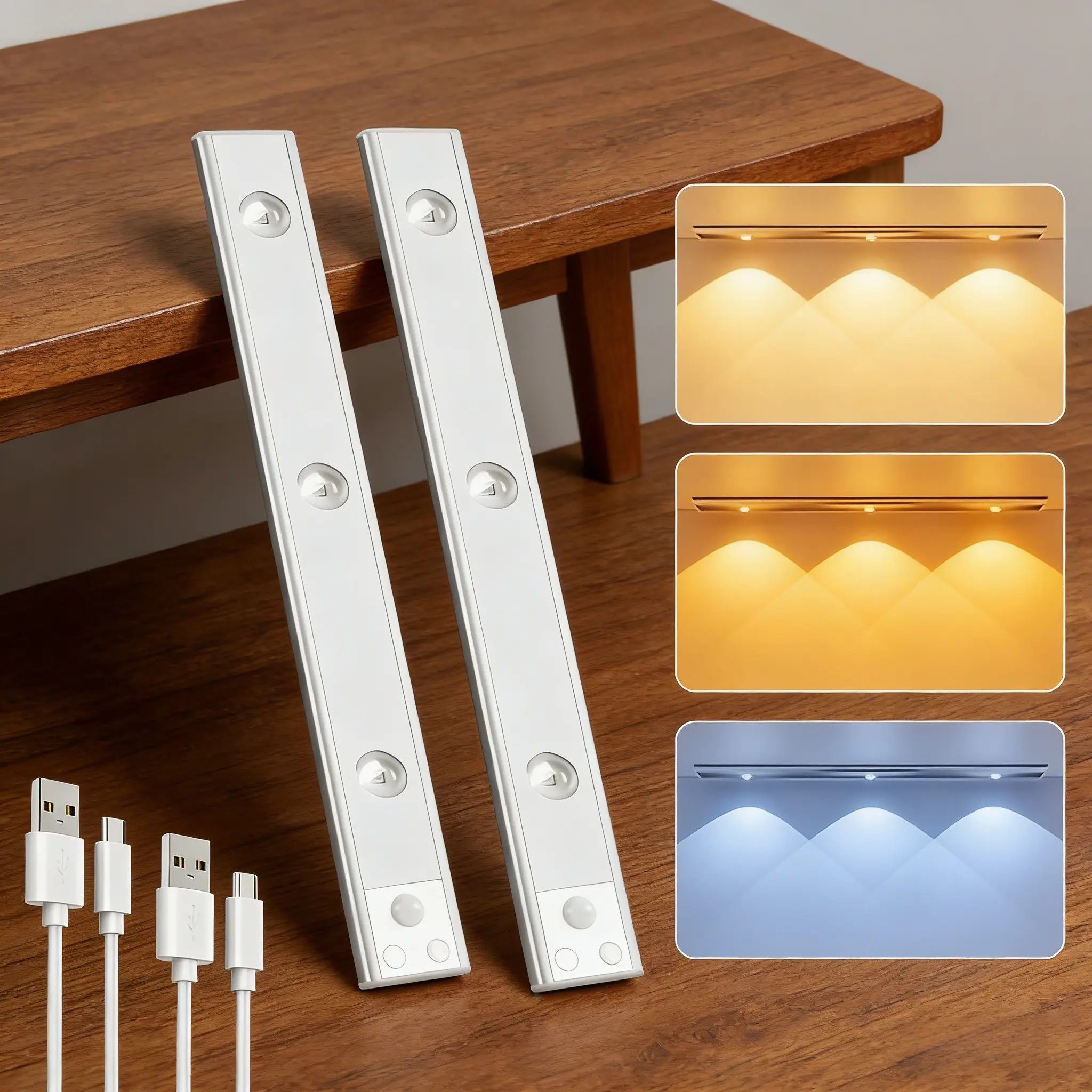 2pcs Magnetic Charging Cabinet Light, Smart Human Body Sensor Night Lamp, Three Color Dimmable Soft Light, Wireless USB Rechargeable, LED Mood Light, Mood Decorative Lights