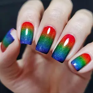 Short Gradient Rainbow Color Nail Art Stickers, 24pcs Removable Wearable Nails, Easy Daily Party Vacation Outing Use, Diy Nail Art