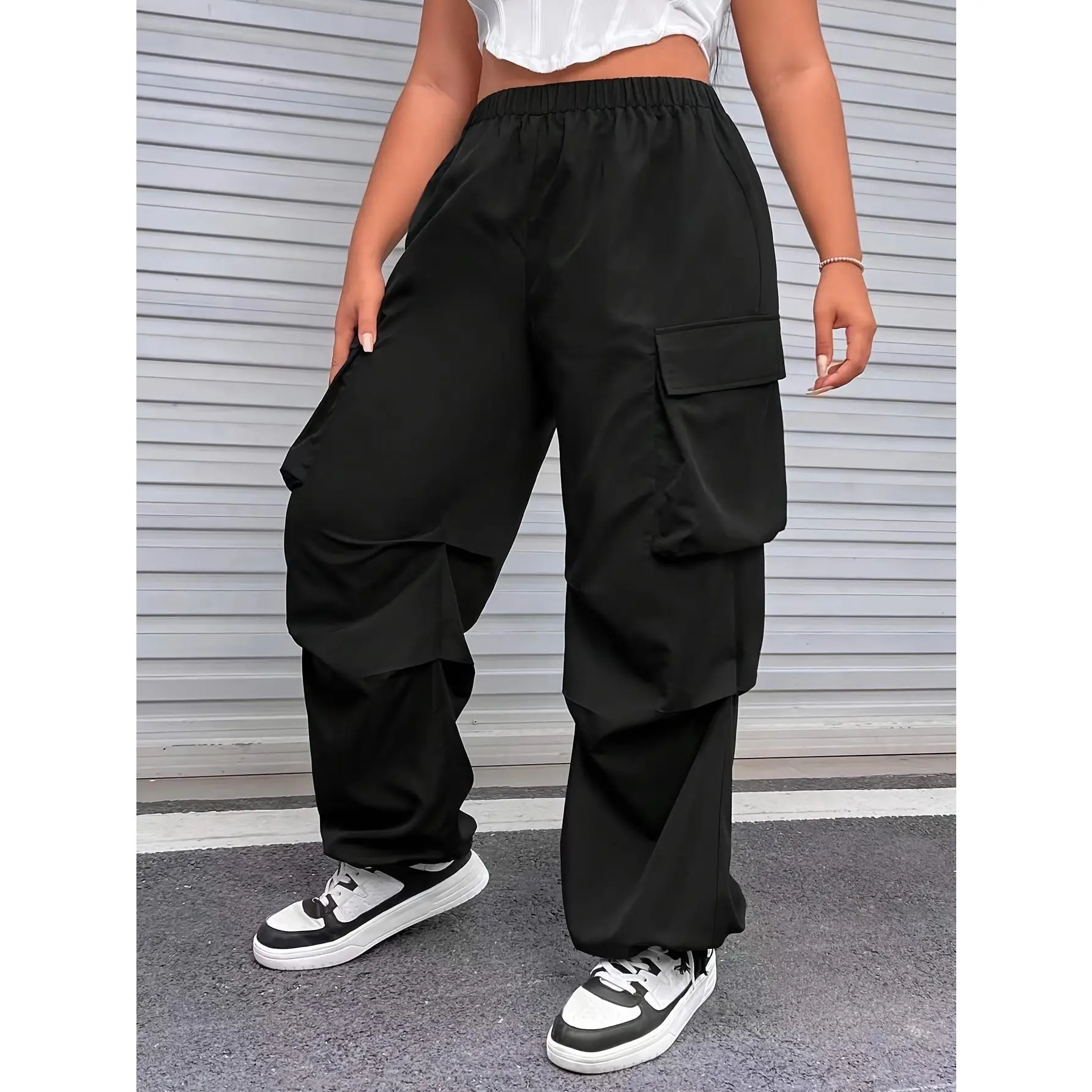 Plus Size Solid Baggy Cargo Pants, Casual Pocket Elastic Waist Pants, Women's Plus Size Clothing